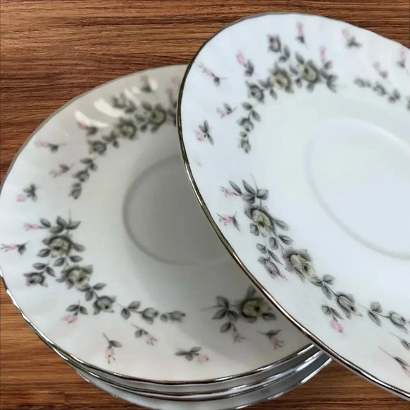 Style House Vintage Platinum Rose Fine China Picardy Saucers Set of 6 Japan 6 In - Picture 6 of 9